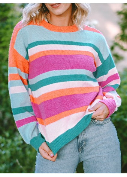 Multicolor Striped Knit Drop Shoulder Puff Sleeve Sweater