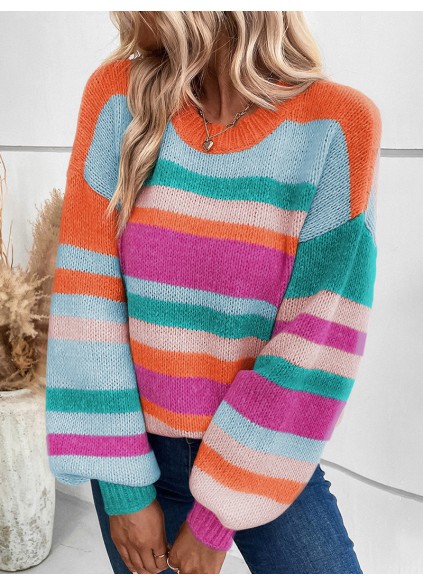 Multicolor Striped Knit Drop Shoulder Puff Sleeve Sweater