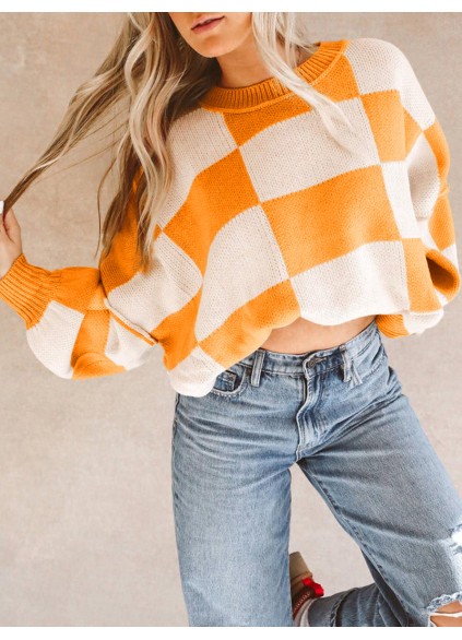 Orange Checkered Bishop Sleeve Sweater