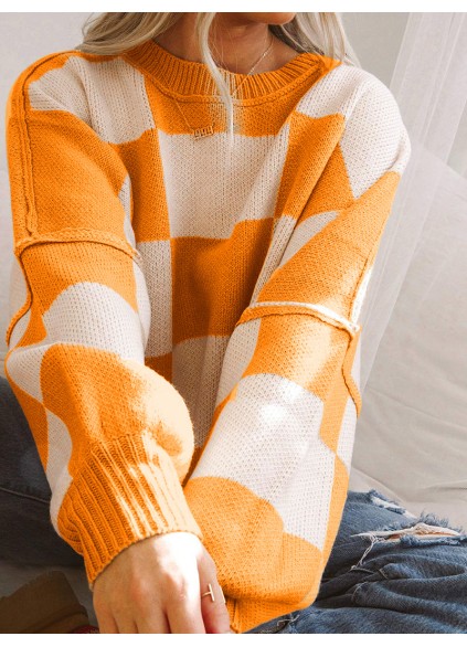 Orange Checkered Bishop Sleeve Sweater