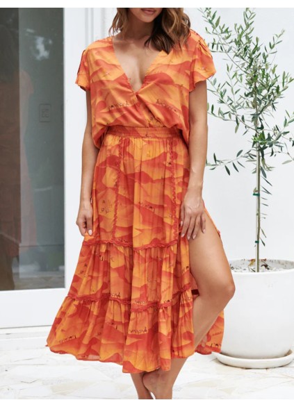 Orange V-neck cross neckline print waist dress