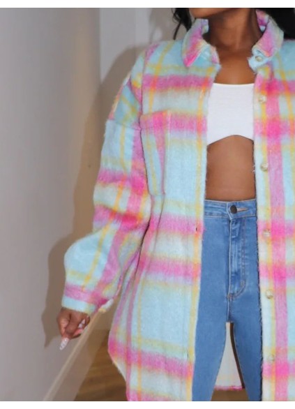 Pink blue flannel shirt jacket