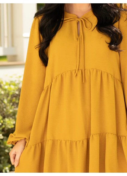 Pleated lace up lantern sleeve loose fitting dress