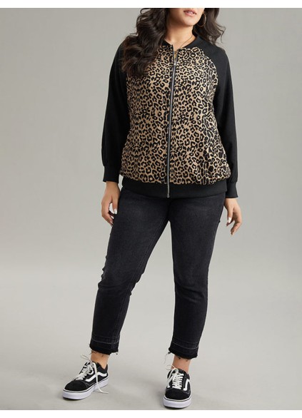 Plus-size women's elegant leopard-print patchwork coat