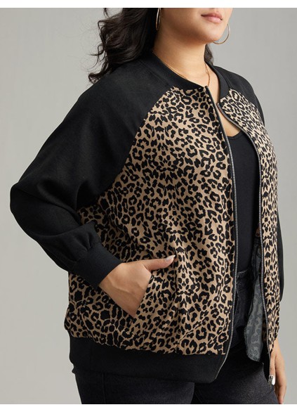 Plus-size women's elegant leopard-print patchwork coat