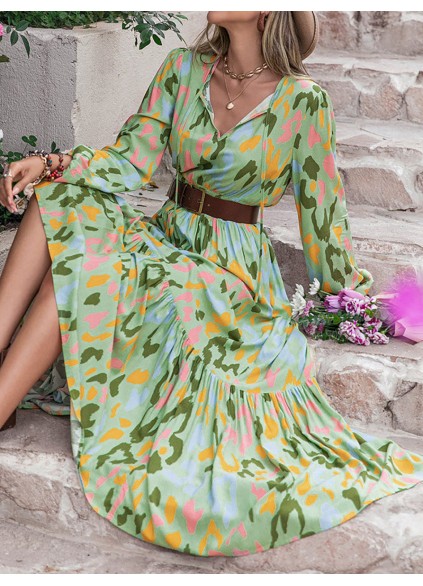 Printed Tie Neck Long Sleeve Maxi Dress