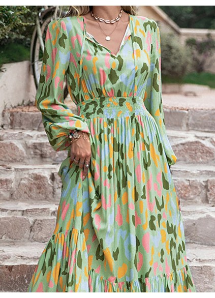 Printed Tie Neck Long Sleeve Maxi Dress