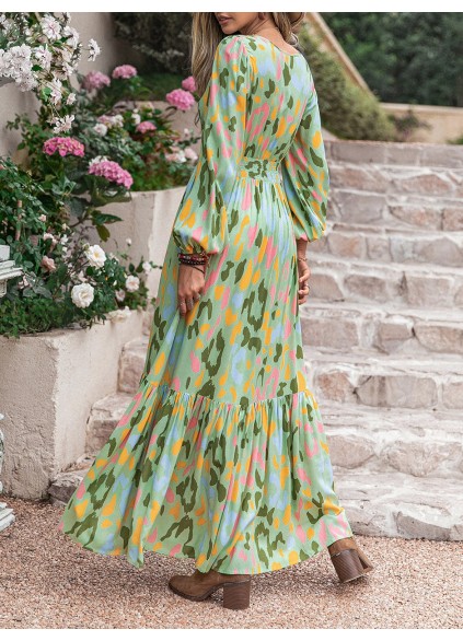 Printed Tie Neck Long Sleeve Maxi Dress