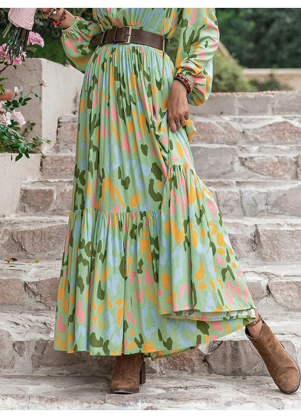 Printed Tie Neck Long Sleeve Maxi Dress