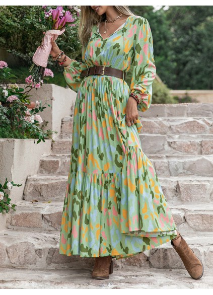 Printed Tie Neck Long Sleeve Maxi Dress