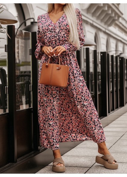 Printed V-Neck Long Sleeve Maxi Dress