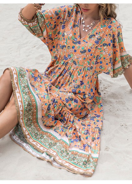 Printed V-Neck Short Sleeve Midi Dress