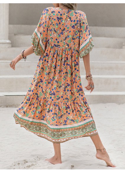 Printed V-Neck Short Sleeve Midi Dress