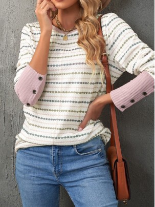 Printed Waffle-Knit Buttoned Cuff Top