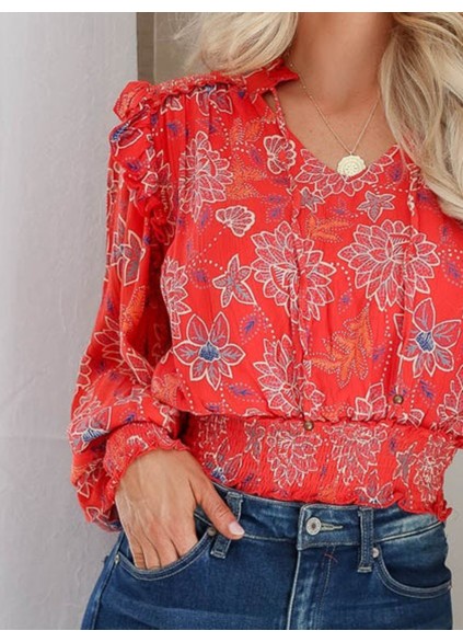 Red floral pattern bubble sleeve pleated top