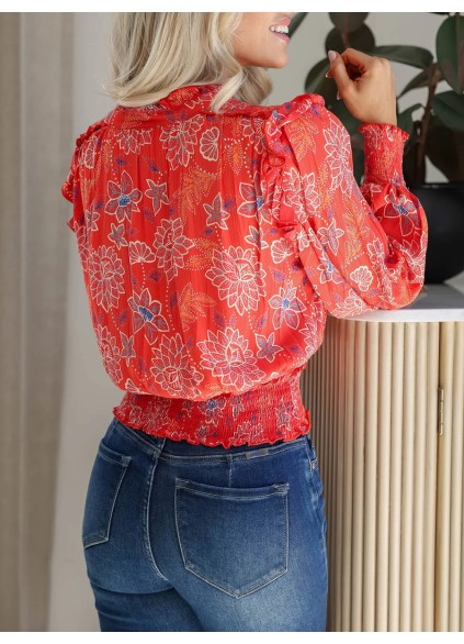 Red floral pattern bubble sleeve pleated top