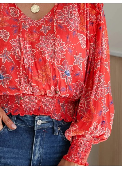 Red floral pattern bubble sleeve pleated top