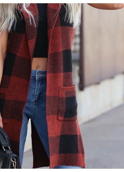 Red plaid pocket knit cardigan vest