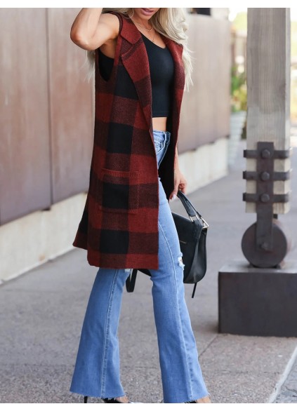 Red plaid pocket knit cardigan vest