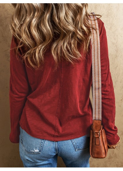 Red Sandalwood V Neck Center Seam Long Sleeve Tee