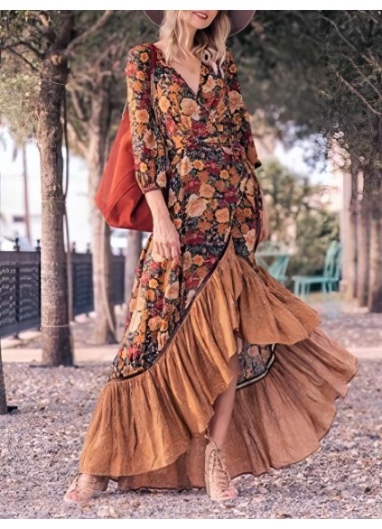 Retro Long Sleeve Printed Long Dress