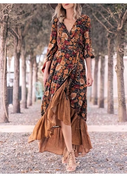 Retro Long Sleeve Printed Long Dress