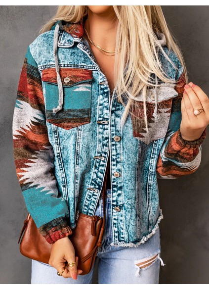 Retro print patchwork hooded denim jacket