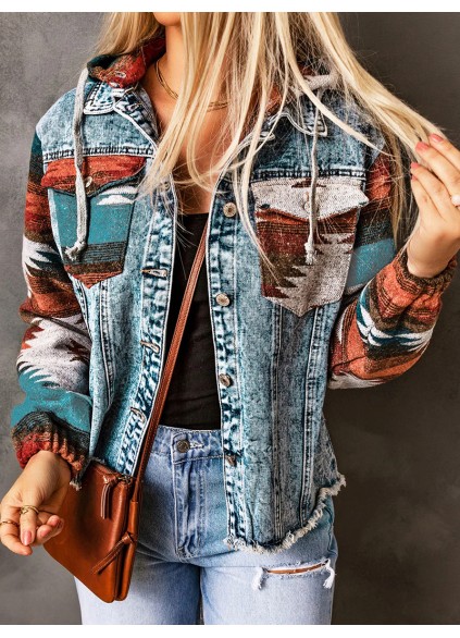 Retro print patchwork hooded denim jacket