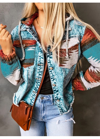 Retro print patchwork hooded denim jacket