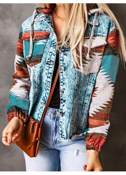 Retro print patchwork hooded denim jacket