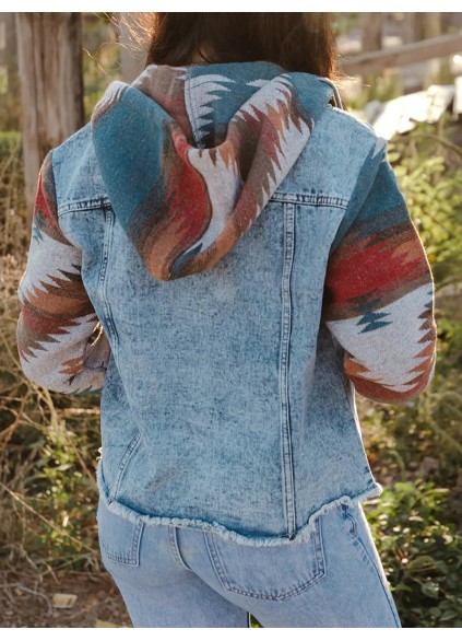 Retro print patchwork hooded denim jacket