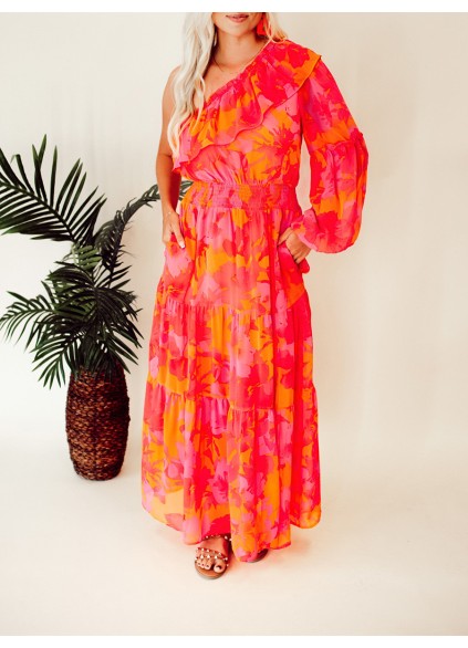 Rose Orange Flower Single Shoulder Long Dress