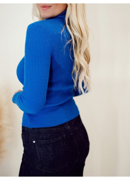 Women's Blue Rib Knitted High Neck Sweater