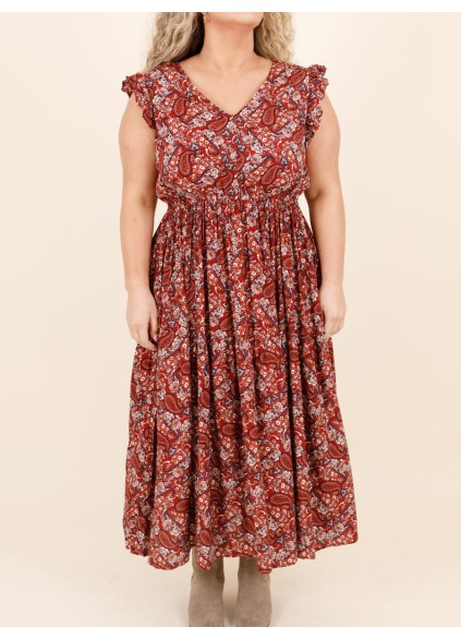 Ruffled Short Sleeve Cashew Nut Print Long Dress