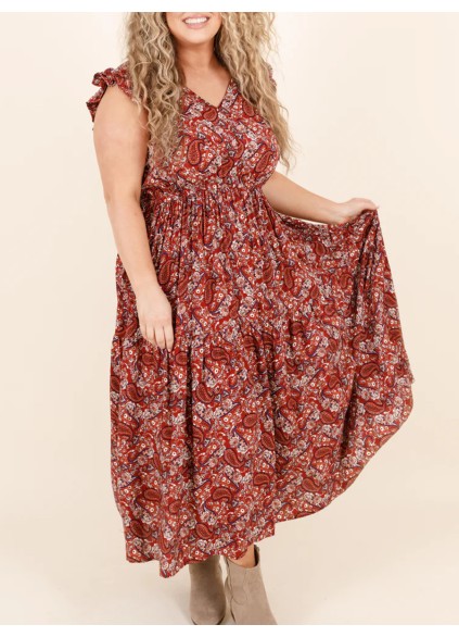 Ruffled Short Sleeve Cashew Nut Print Long Dress