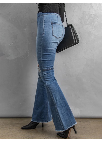 Solid color classic ripped knee jeans