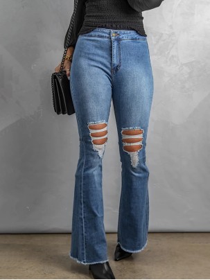 Solid color classic ripped knee jeans