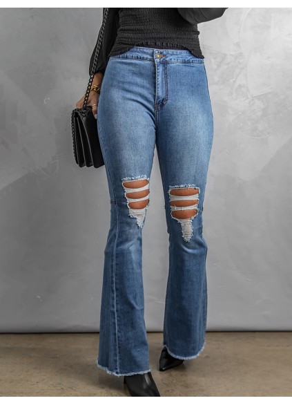 Solid color classic ripped knee jeans