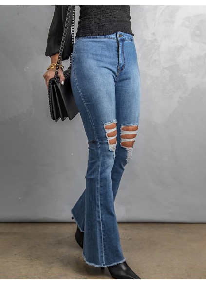 Solid color classic ripped knee jeans