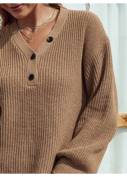 Solid Color V-neck Button Mid-length Women's Sweater Dress