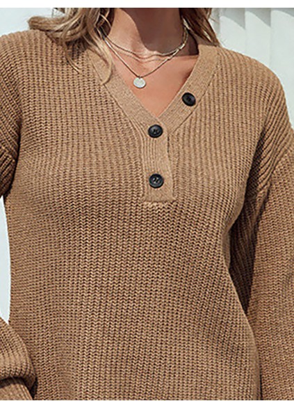 Solid Color V-neck Button Mid-length Women's Sweater Dress