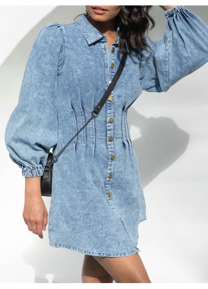 Solid color waistband long sleeved denim skirt