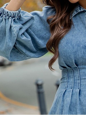 Solid color waistband long sleeved denim skirt