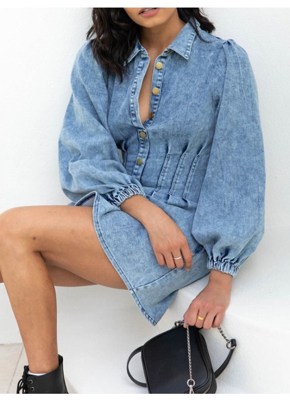 Solid color waistband long sleeved denim skirt