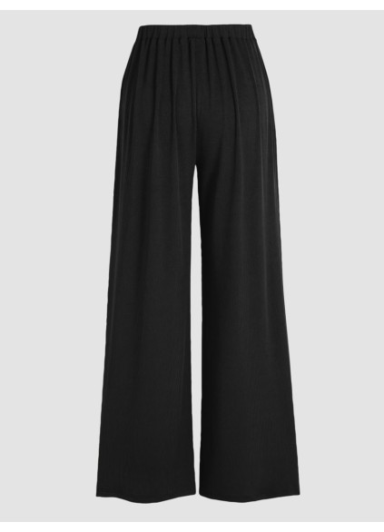 Solid Elastic Waist Wide Leg Pants