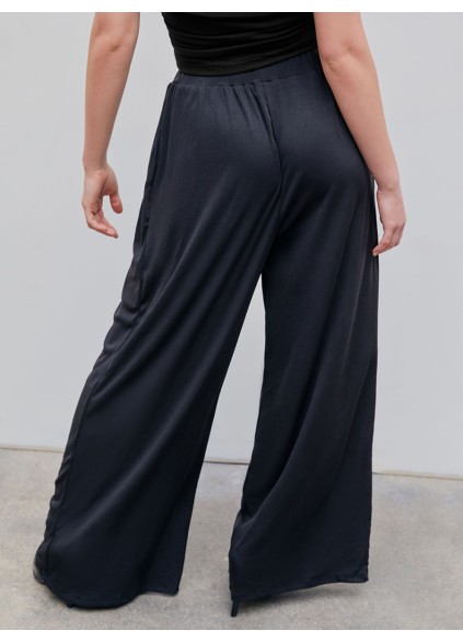 Solid Elastic Waist Wide Leg Pants