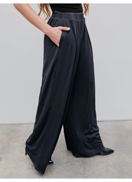 Solid Elastic Waist Wide Leg Pants