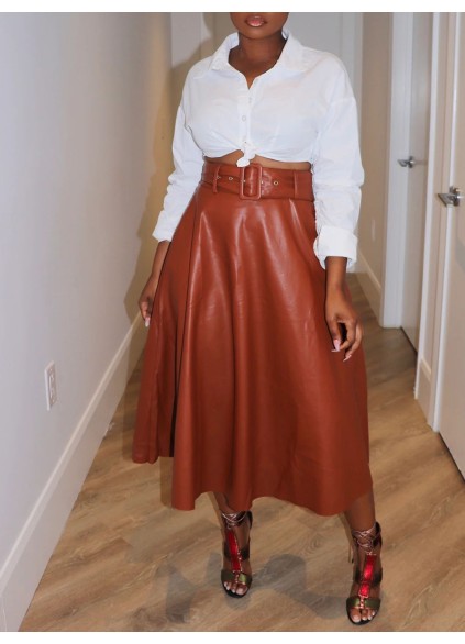 Solid leather jacket half skirt set