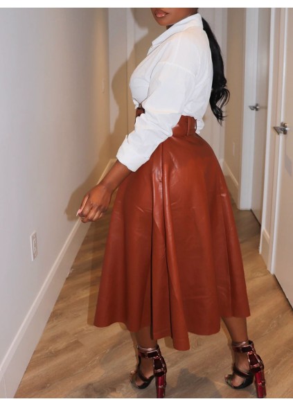 Solid leather jacket half skirt set