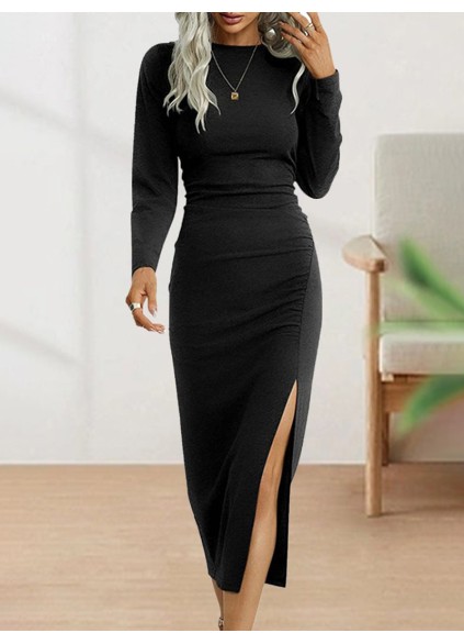 Solid Round Neck Slim Long Sleeve Split Dress